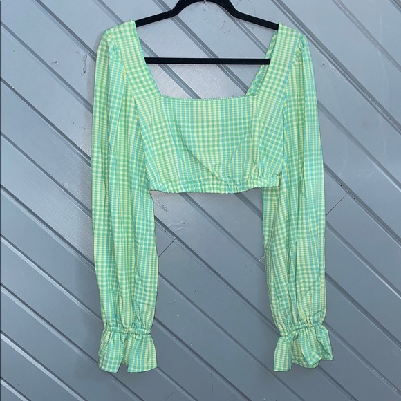 Future Collective Tops - Future Collective Alani Noelle Green Gingham Long Puff Sleeve Crop Top